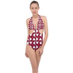 Graphic Heart Pattern Red White Halter Front Plunge Swimsuit by HermanTelo