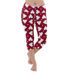 Graphic Heart Pattern Red White Lightweight Velour Capri Yoga Leggings by HermanTelo