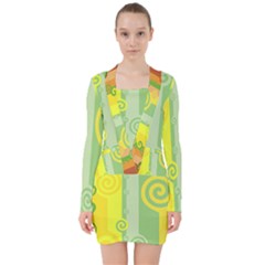 Ring Kringel Background Abstract Yellow V-neck Bodycon Long Sleeve Dress by HermanTelo