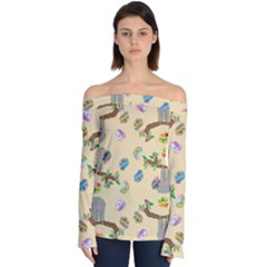 Sloth Neutral Color Cute Cartoon Off Shoulder Long Sleeve Top