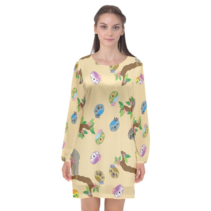 Sloth Neutral Color Cute Cartoon Long Sleeve Chiffon Shift Dress 