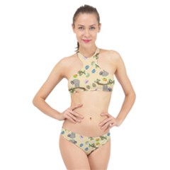 Sloth Neutral Color Cute Cartoon High Neck Bikini Set