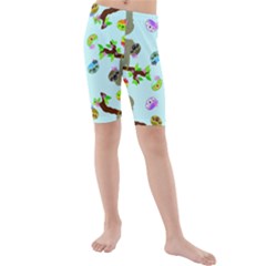 Sloth Aqua Blue Cute Cartoon Tile Green Kids  Mid Length Swim Shorts by HermanTelo