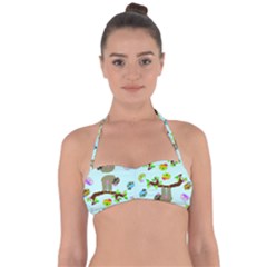 Sloth Aqua Blue Cute Cartoon Tile Green Halter Bandeau Bikini Top by HermanTelo