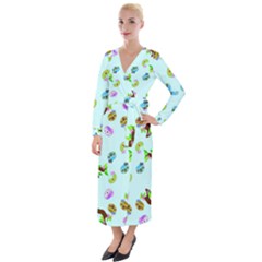 Sloth Aqua Blue Cute Cartoon Tile Green Velvet Maxi Wrap Dress by HermanTelo