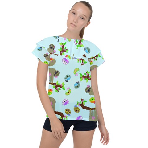 Sloth Aqua Blue Cute Cartoon Tile Green Ruffle Collar Chiffon Blouse by HermanTelo