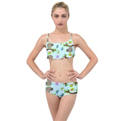 Sloth Aqua Blue Cute Cartoon Tile Green Layered Top Bikini Set