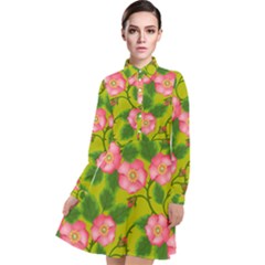 Roses Flowers Pattern Bud Pink Long Sleeve Chiffon Shirt Dress by HermanTelo