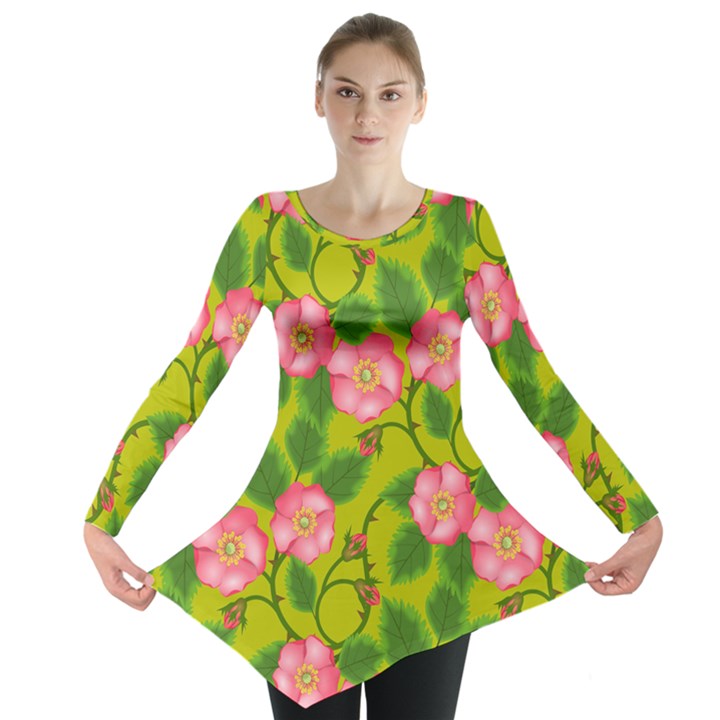 Roses Flowers Pattern Bud Pink Long Sleeve Tunic 