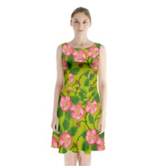 Roses Flowers Pattern Bud Pink Sleeveless Waist Tie Chiffon Dress by HermanTelo