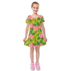 Roses Flowers Pattern Bud Pink Kids  Short Sleeve Velvet Dress