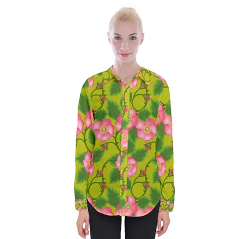 Roses Flowers Pattern Bud Pink Womens Long Sleeve Shirt by HermanTelo