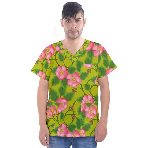 Roses Flowers Pattern Bud Pink Men s V-neck Scrub Top by HermanTelo