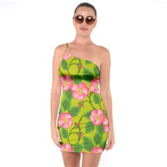 Roses Flowers Pattern Bud Pink One Soulder Bodycon Dress