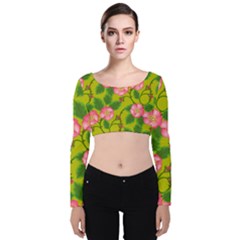 Roses Flowers Pattern Bud Pink Velvet Long Sleeve Crop Top