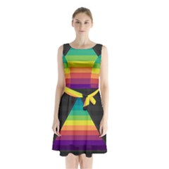 Background Rainbow Stripes Bright Sleeveless Waist Tie Chiffon Dress by Pakrebo