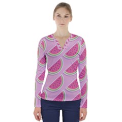 Melons Pattern Food Fruits Melon V-neck Long Sleeve Top by Pakrebo