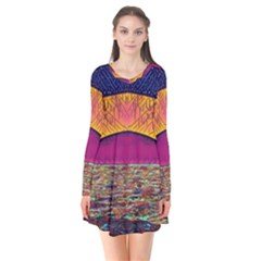 Abstract Sunrise Ocean Sunset Sky Long Sleeve V-neck Flare Dress by Pakrebo