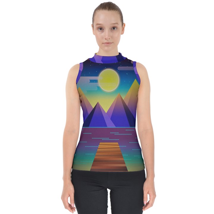 Jetty Landscape Scenery Mountains Mock Neck Shell Top