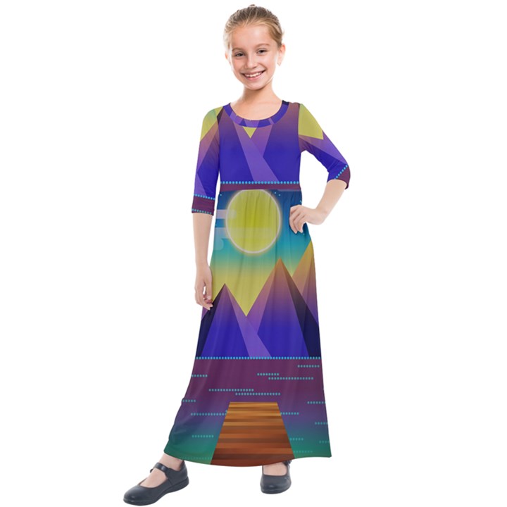 Jetty Landscape Scenery Mountains Kids  Quarter Sleeve Maxi Dress