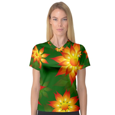 Flower Pattern Floral Non Seamless V-neck Sport Mesh Tee by Pakrebo