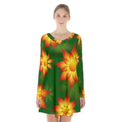 Flower Pattern Floral Non Seamless Long Sleeve Velvet V-neck Dress by Pakrebo