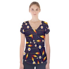 Flower Buds Floral Background Short Sleeve Front Detail Top by Pakrebo