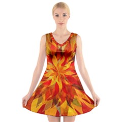 Flower Blossom Red Orange Abstract V-neck Sleeveless Dress by Pakrebo