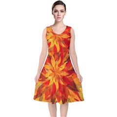 Flower Blossom Red Orange Abstract V-neck Midi Sleeveless Dress  by Pakrebo