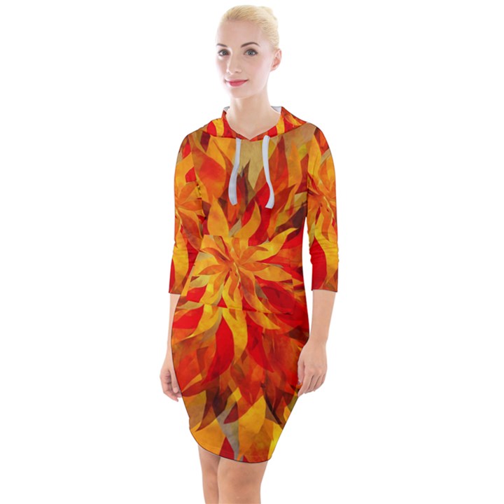 Flower Blossom Red Orange Abstract Quarter Sleeve Hood Bodycon Dress