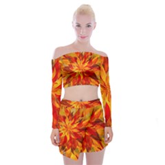 Flower Blossom Red Orange Abstract Off Shoulder Top with Mini Skirt Set