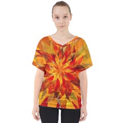 Flower Blossom Red Orange Abstract V-neck Dolman Drape Top by Pakrebo