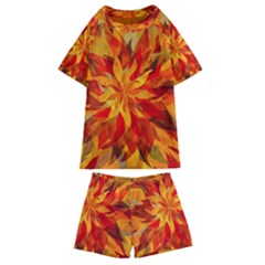 Flower Blossom Red Orange Abstract Kids  Swim Tee and Shorts Set