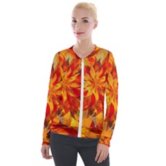 Flower Blossom Red Orange Abstract Velour Zip Up Jacket