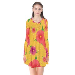 Background Flowers Floral Pattern Long Sleeve V-neck Flare Dress