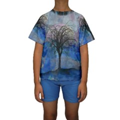 Tree Moon Sky Watercolor Painting Kids  Short Sleeve Swimwear by Pakrebo