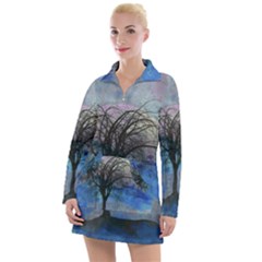 Tree Moon Sky Watercolor Painting Women s Long Sleeve Casual Dress