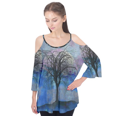 Tree Moon Sky Watercolor Painting Flutter Tees by Pakrebo