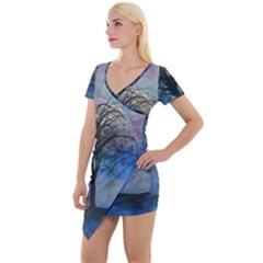 Tree Moon Sky Watercolor Painting Short Sleeve Asymmetric Mini Dress by Pakrebo