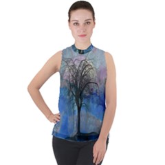 Tree Moon Sky Watercolor Painting Mock Neck Chiffon Sleeveless Top by Pakrebo