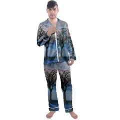 Tree Moon Sky Watercolor Painting Men s Satin Pajamas Long Pants Set