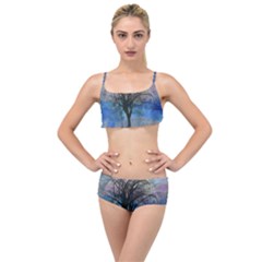 Tree Moon Sky Watercolor Painting Layered Top Bikini Set by Pakrebo