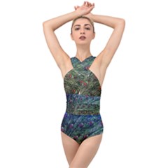 Peacock Feathers Colorful Feather Cross Front Low Back Swimsuit by Pakrebo