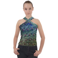 Peacock Feathers Colorful Feather Cross Neck Velour Top