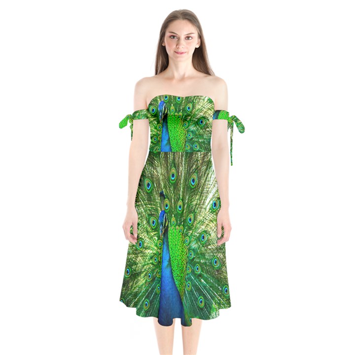 Peacock Peafowl Pattern Plumage Shoulder Tie Bardot Midi Dress