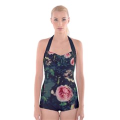 Big Pink Roses And Green Watercolour Leaves Boyleg Halter Swimsuit  by NaturalDesign