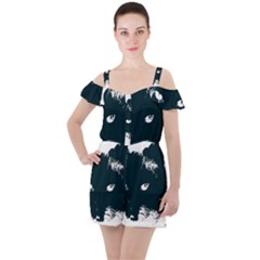 Cat Nature Design Animal Skin Black Ruffle Cut Out Chiffon Playsuit