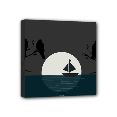 Birds Moon Moonlight Tree Animal Mini Canvas 4  X 4  (stretched) by HermanTelo