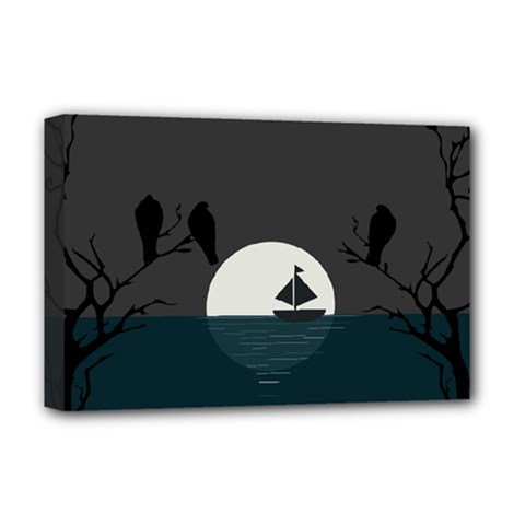 Birds Moon Moonlight Tree Animal Deluxe Canvas 18  X 12  (stretched) by HermanTelo