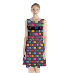 Background Colorful Geometric Sleeveless Waist Tie Chiffon Dress